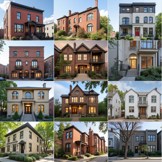 Various New York residential properties including brownstones, single-family homes, and modern condos